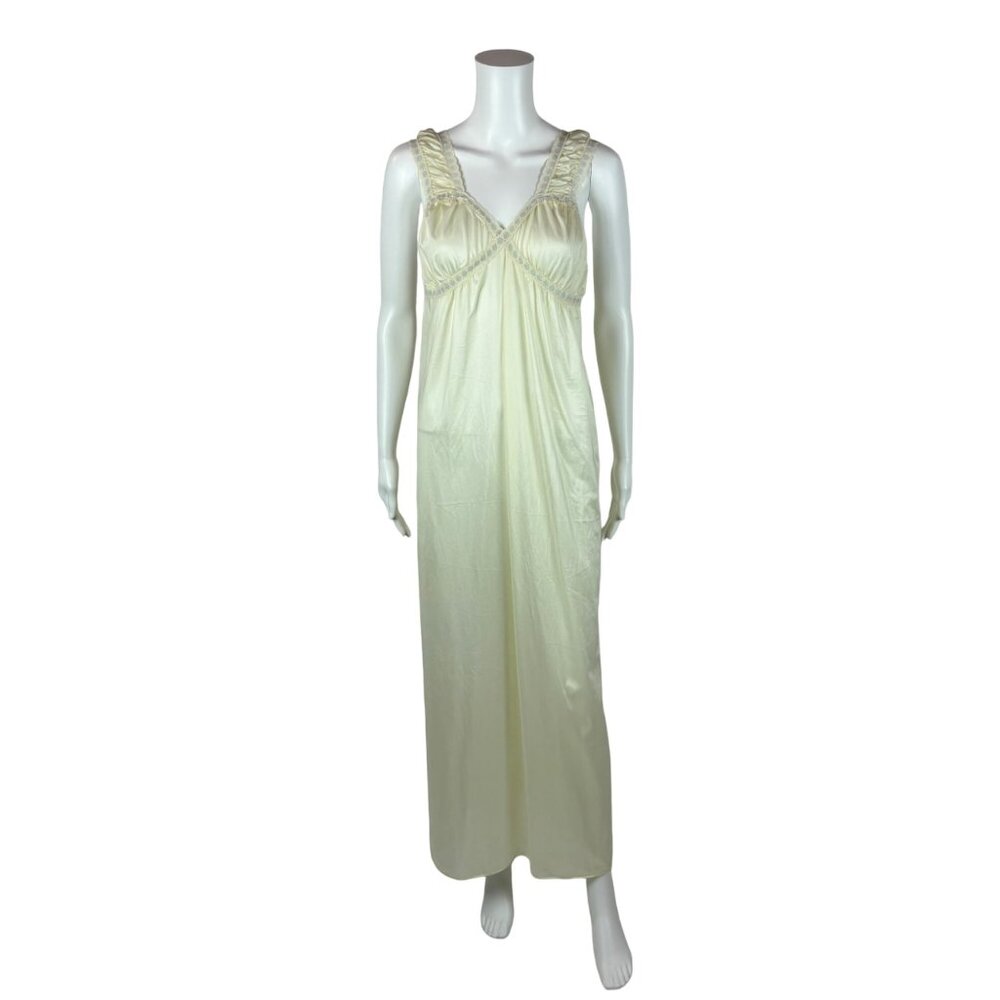 Vintage 80s Nightgown Women's Small Cream Lemon Floral Trim Nylon Long Nightie
